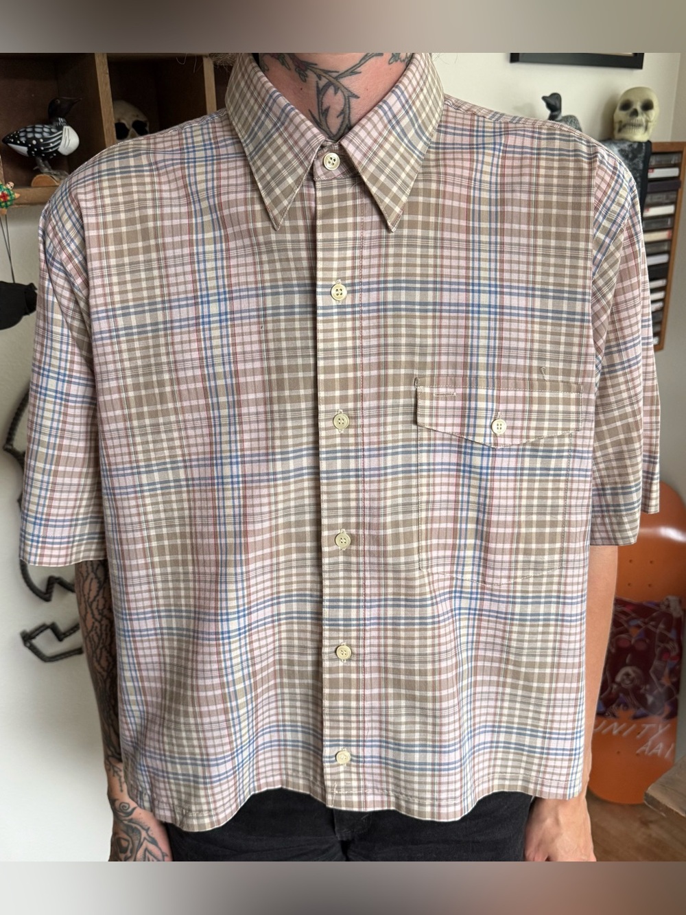 Vintage 80s Cropped Boxy Plaid S/S Button Down Shirt Arrow ~ Size Large - Picture 1 of 9